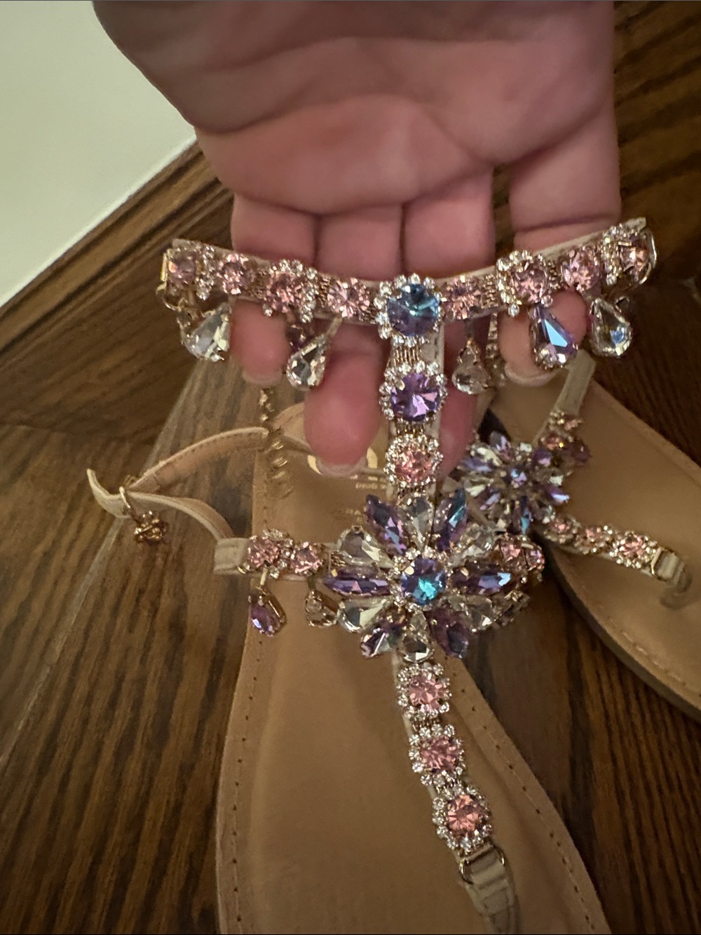 Women's Pink Jewel T-Strap Sandals - Picture 2 of 3